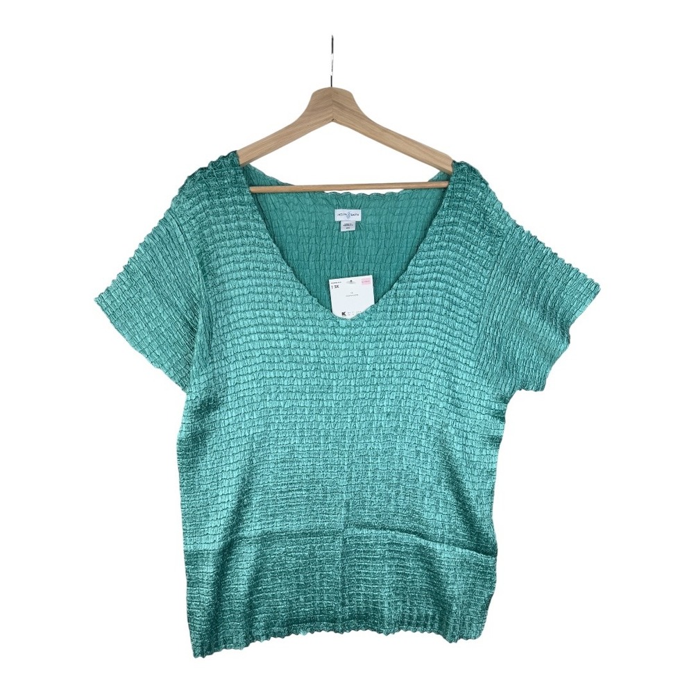 New Jaclyn Smith VTG‎ Crinkle V-neck Short Sleeve Top size 2X Green